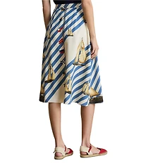 Lauren Ralph Lauren Petite Size Crepe de Chine Stripe Sailboat Sailing Flag Print A-Line Button Front Skirt