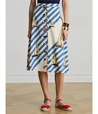 Lauren Ralph Lauren Petite Size Crepe de Chine Stripe Sailboat Sailing Flag Print A-Line Button Front Skirt