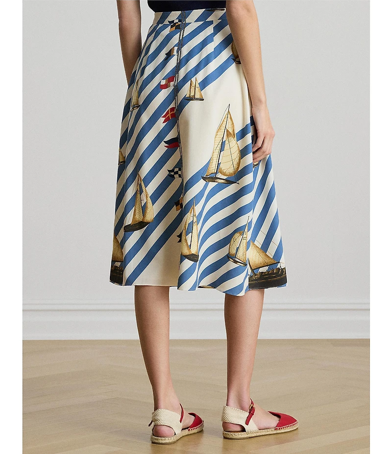 Lauren Ralph Lauren Petite Size Crepe de Chine Stripe Sailboat Sailing Flag Print A-Line Button Front Skirt