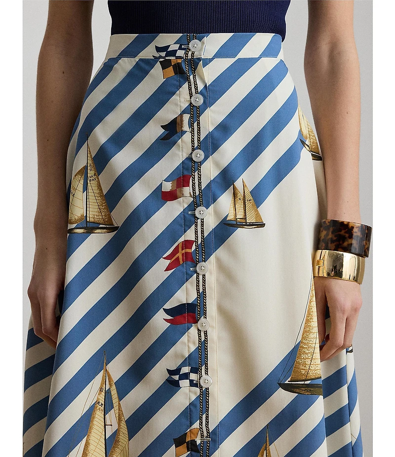 Lauren Ralph Lauren Petite Size Crepe de Chine Stripe Sailboat Sailing Flag Print A-Line Button Front Skirt