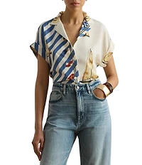 Lauren Ralph Lauren Petite Size Crepe de Chine Striped Sailboat Print Button-Front Shirt