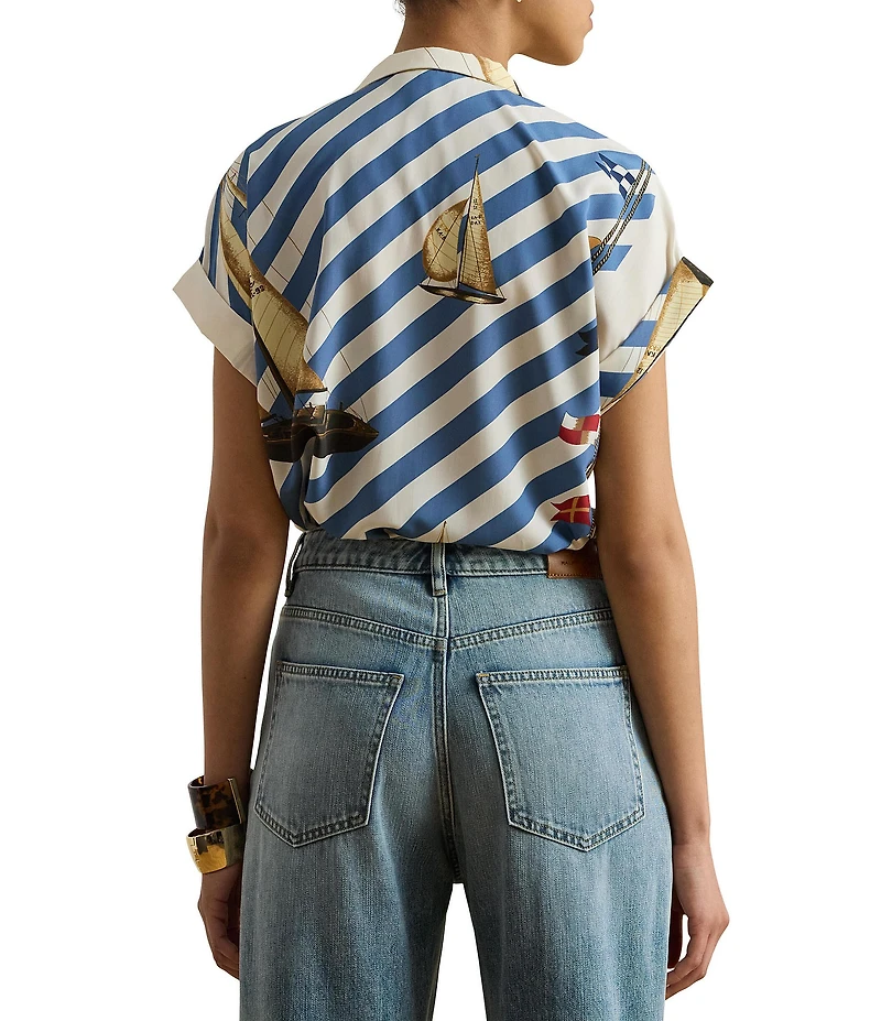 Lauren Ralph Lauren Petite Size Crepe de Chine Striped Sailboat Print Button-Front Shirt