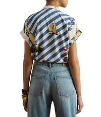 Lauren Ralph Lauren Petite Size Crepe de Chine Striped Sailboat Print Button-Front Shirt