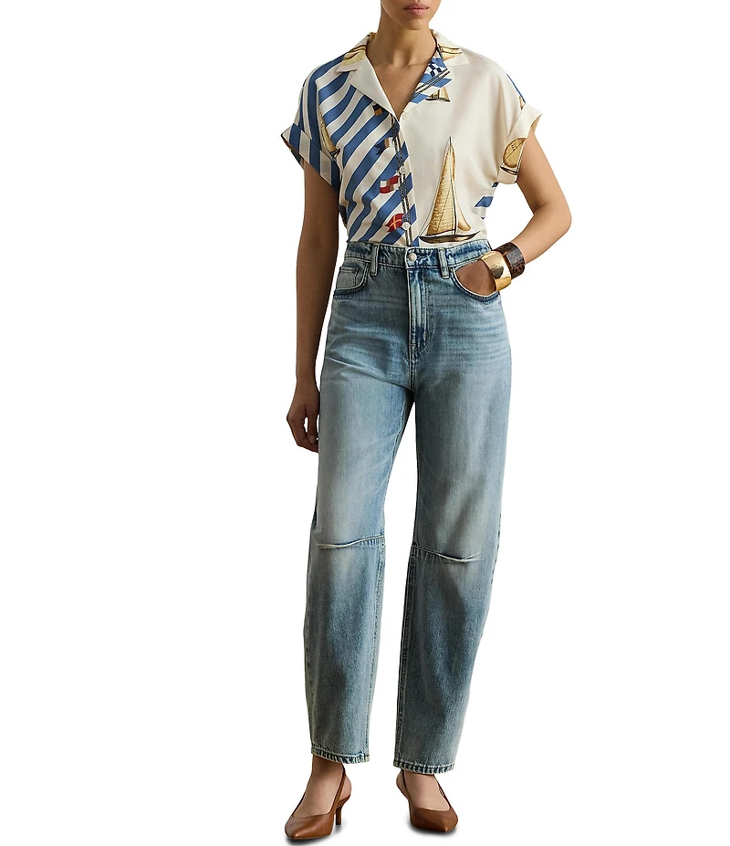 Lauren Ralph Lauren Petite Size Crepe de Chine Striped Sailboat Print Button-Front Shirt