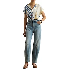 Lauren Ralph Lauren Petite Size Crepe de Chine Striped Sailboat Print Button-Front Shirt