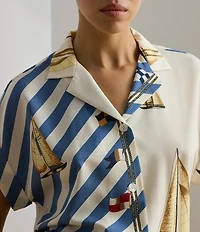 Lauren Ralph Lauren Petite Size Crepe de Chine Striped Sailboat Print Button-Front Shirt
