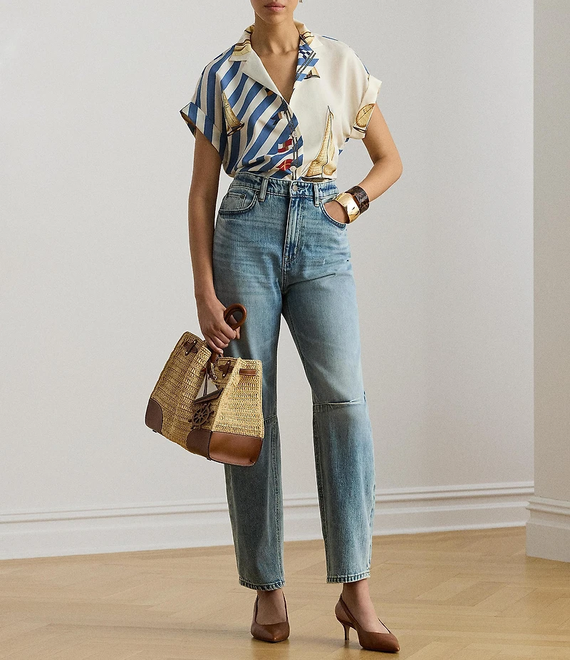 Lauren Ralph Lauren Petite Size Crepe de Chine Striped Sailboat Print Button-Front Shirt