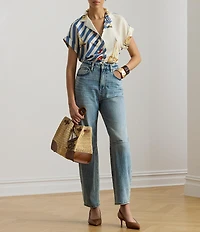 Lauren Ralph Lauren Petite Size Crepe de Chine Striped Sailboat Print Button-Front Shirt