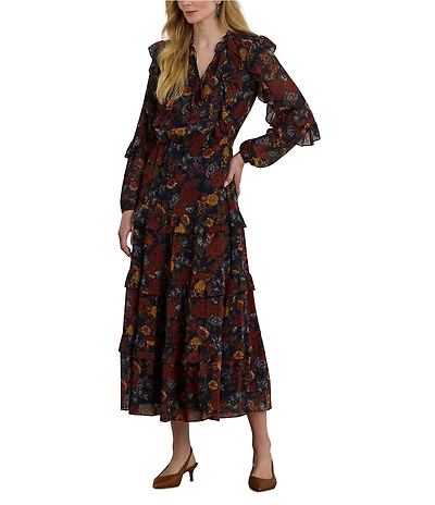 Lauren Ralph Lauren Petite Size Crinkle Georgette Floral Tiered Dress