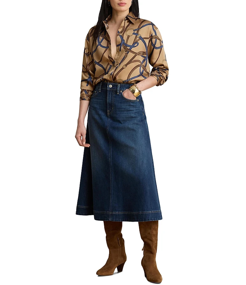 Lauren Ralph Lauren Petite Size Denim A-Line Midi Skirt