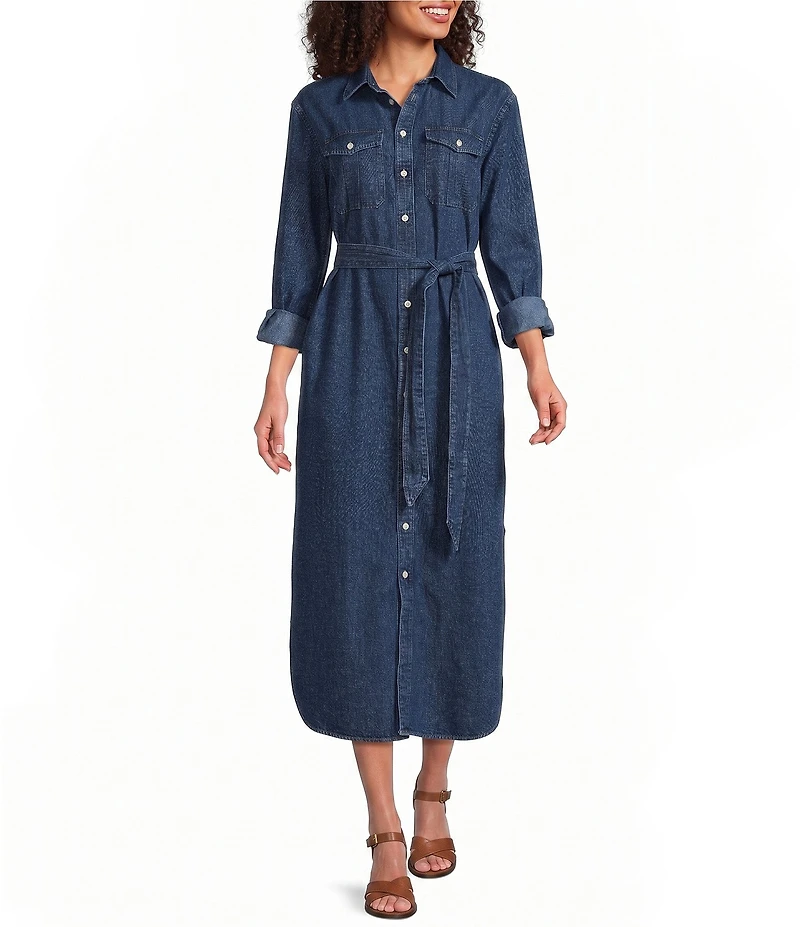 Lauren Ralph Lauren Petite Size Denim Point Collar Long Sleeve Belted Midi Shirtdress