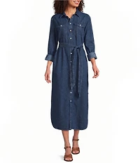 Lauren Ralph Lauren Petite Size Denim Point Collar Long Sleeve Belted Midi Shirtdress