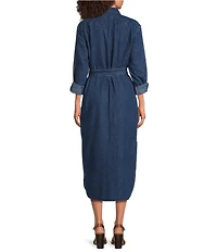 Lauren Ralph Lauren Petite Size Denim Point Collar Long Sleeve Belted Midi Shirtdress