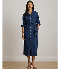 Lauren Ralph Lauren Petite Size Denim Point Collar Long Sleeve Belted Midi Shirtdress