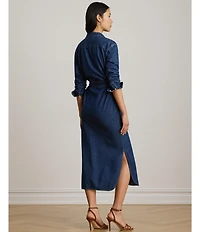 Lauren Ralph Lauren Petite Size Denim Point Collar Long Sleeve Belted Midi Shirtdress