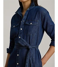 Lauren Ralph Lauren Petite Size Denim Point Collar Long Sleeve Belted Midi Shirtdress
