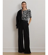 Lauren Ralph Lauren Petite Size Embroidered Floral Boat Neck Elbow Sleeve Tee