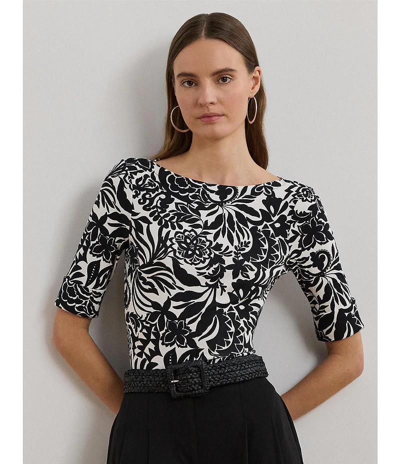 Lauren Ralph Lauren Petite Size Embroidered Floral Boat Neck Elbow Sleeve Tee