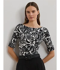 Lauren Ralph Lauren Petite Size Embroidered Floral Boat Neck Elbow Sleeve Tee