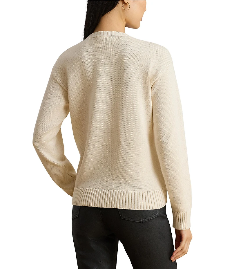 Lauren Ralph Lauren Petite Size Embroidered Horse Motif Crew Neck Long Sleeve Knit Sweater