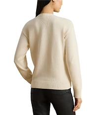 Lauren Ralph Lauren Petite Size Embroidered Horse Motif Crew Neck Long Sleeve Knit Sweater