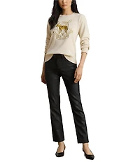 Lauren Ralph Lauren Petite Size Embroidered Horse Motif Crew Neck Long Sleeve Knit Sweater