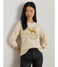 Lauren Ralph Lauren Petite Size Embroidered Horse Motif Crew Neck Long Sleeve Knit Sweater
