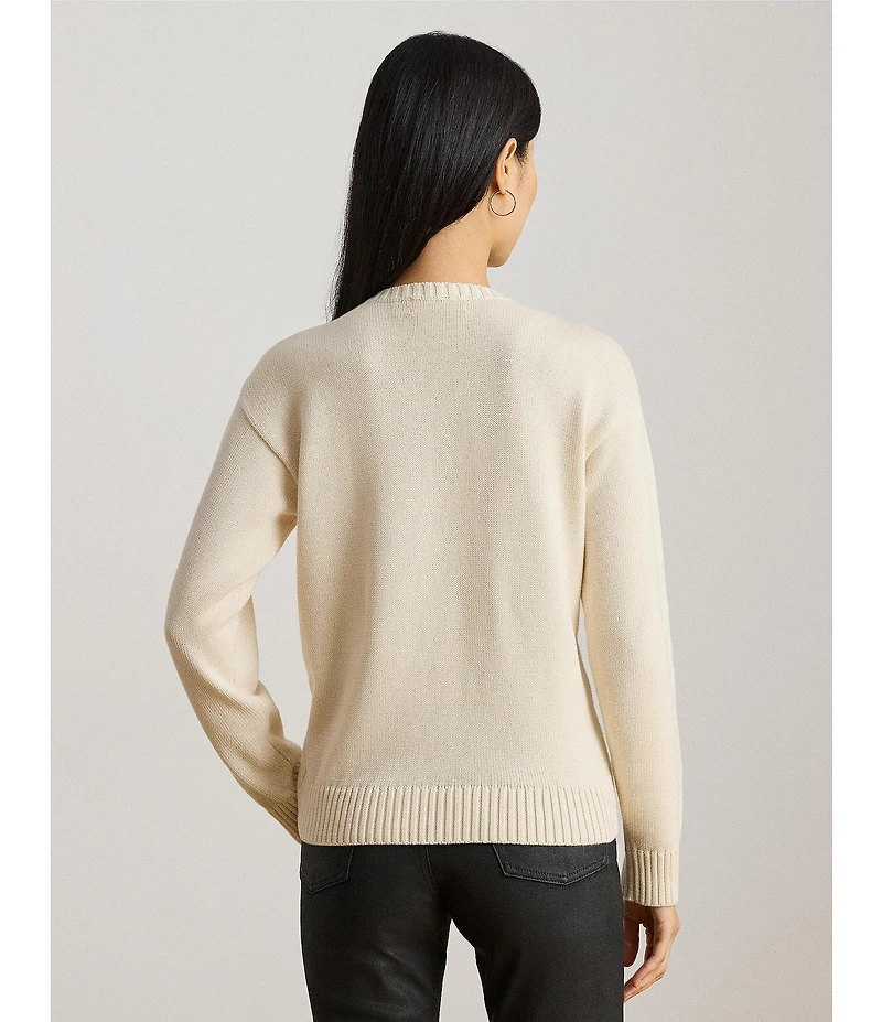 Lauren Ralph Lauren Petite Size Embroidered Horse Motif Crew Neck Long Sleeve Knit Sweater