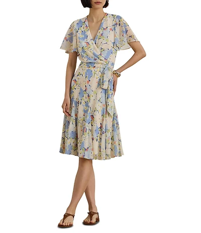 Lauren Ralph Lauren Petite Size Floral Crinkle Georgette Surplice Dress