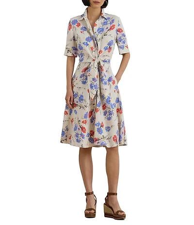 Lauren Ralph Lauren Petite Size Floral Point Collar Elbow Sleeve Tie Front Shirt Dress