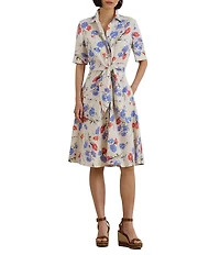 Lauren Ralph Lauren Petite Size Floral Point Collar Elbow Sleeve Tie Front Shirt Dress