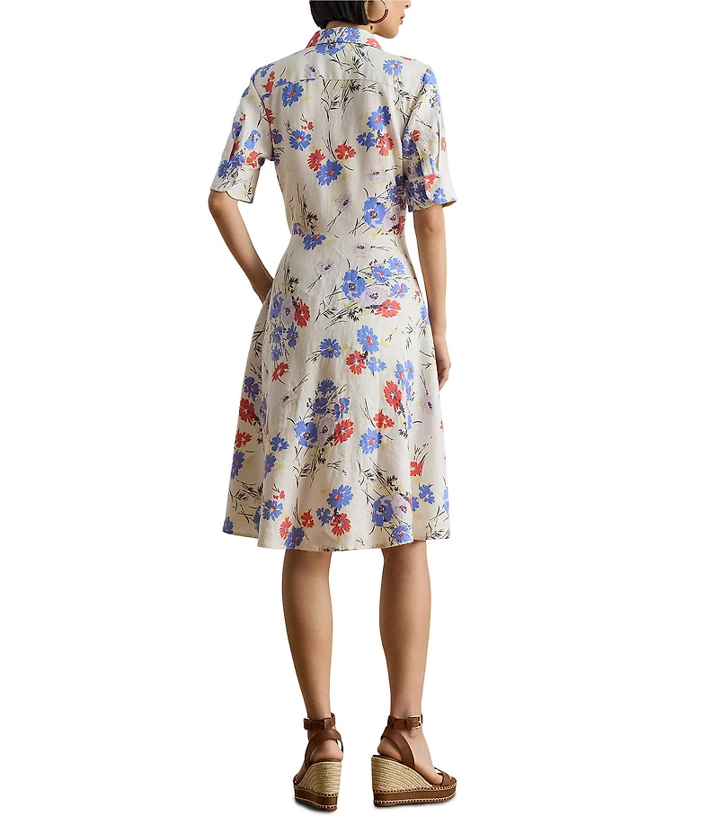 Lauren Ralph Lauren Petite Size Floral Point Collar Elbow Sleeve Tie Front Shirt Dress