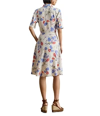 Lauren Ralph Lauren Petite Size Floral Point Collar Elbow Sleeve Tie Front Shirt Dress