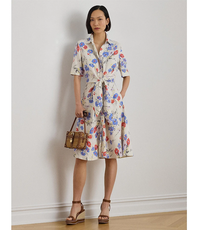Lauren Ralph Lauren Petite Size Floral Point Collar Elbow Sleeve Tie Front Shirt Dress