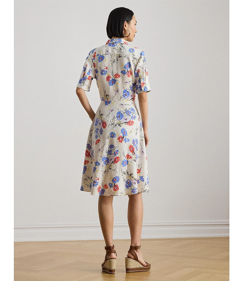 Lauren Ralph Lauren Petite Size Floral Point Collar Elbow Sleeve Tie Front Shirt Dress