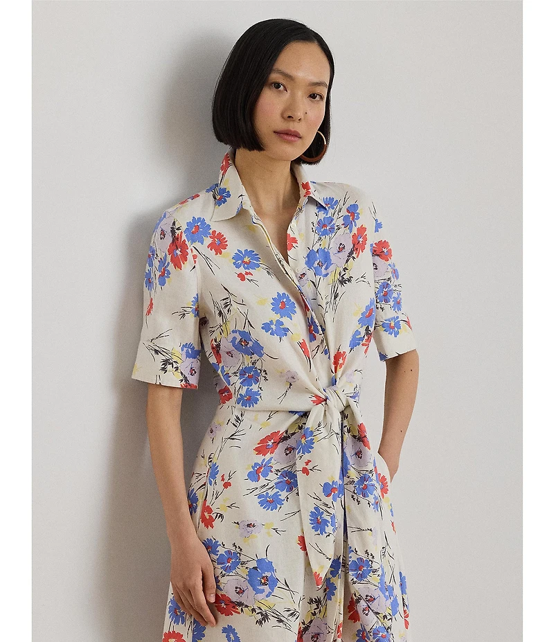 Lauren Ralph Lauren Petite Size Floral Point Collar Elbow Sleeve Tie Front Shirt Dress