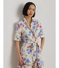Lauren Ralph Lauren Petite Size Floral Point Collar Elbow Sleeve Tie Front Shirt Dress