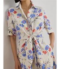 Lauren Ralph Lauren Petite Size Floral Point Collar Elbow Sleeve Tie Front Shirt Dress