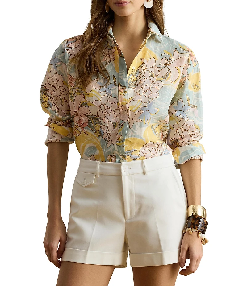 Lauren Ralph Lauren Petite Size Floral Point Collar Long Sleeve Button-Front Shirt