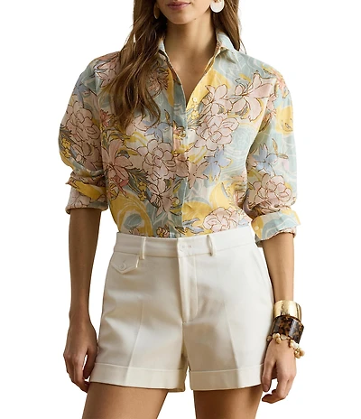 Lauren Ralph Lauren Petite Size Floral Point Collar Long Sleeve Button-Front Shirt