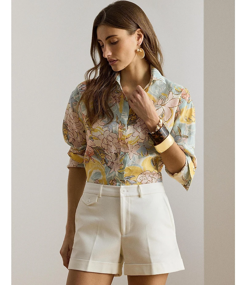 Lauren Ralph Lauren Petite Size Floral Point Collar Long Sleeve Button-Front Shirt