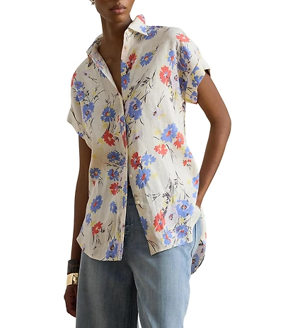 Lauren Ralph Lauren Petite Size Floral Point Collar Short Cuff Sleeve Button-Front Shirt