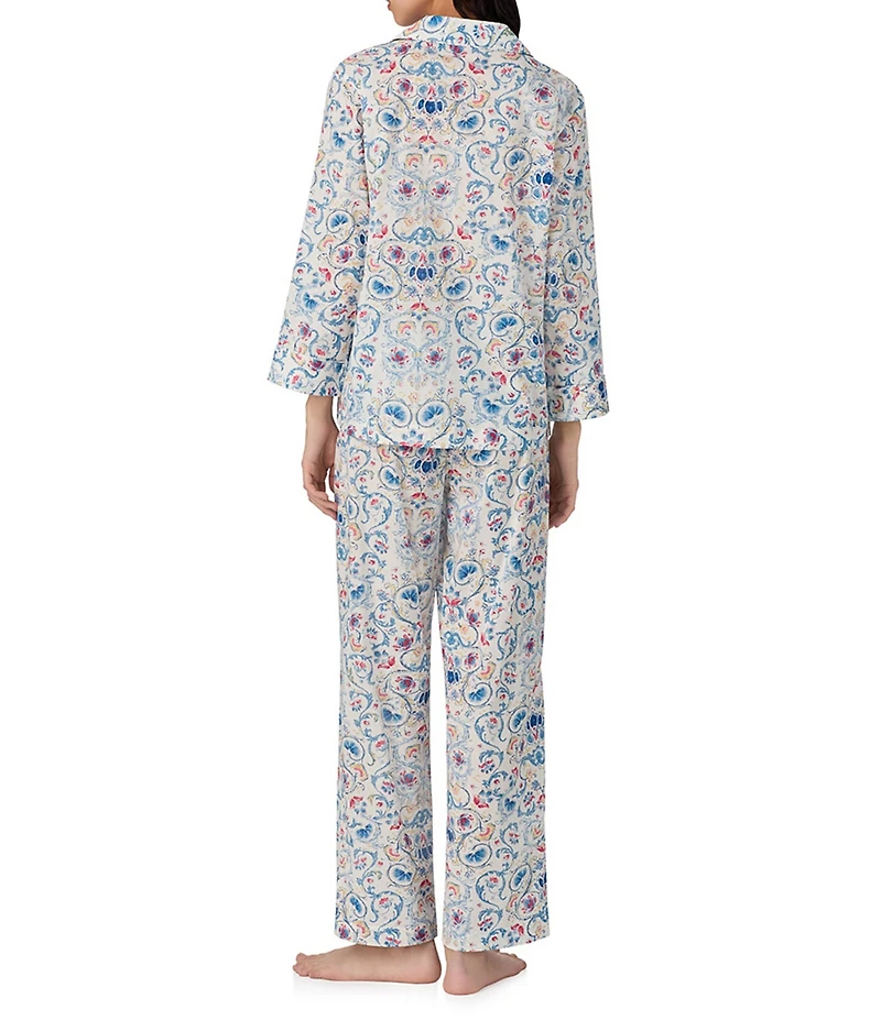 Lauren Ralph Lauren Petite Size Floral Print 3/4 Sleeve Notch Collar Woven Pajama Set