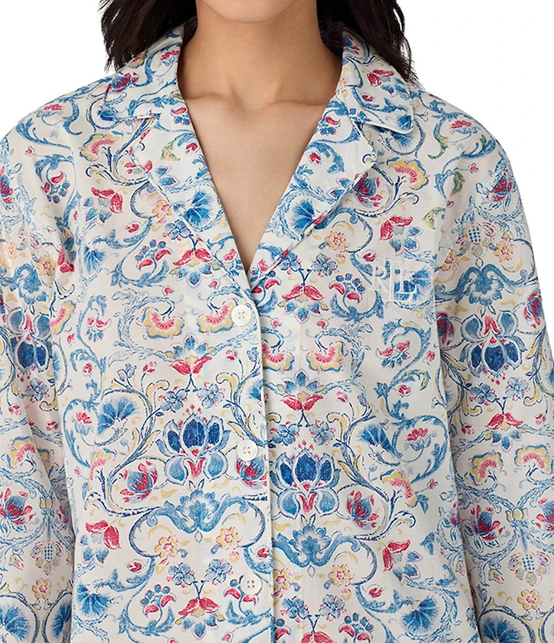 Lauren Ralph Lauren Petite Size Floral Print 3/4 Sleeve Notch Collar Woven Pajama Set