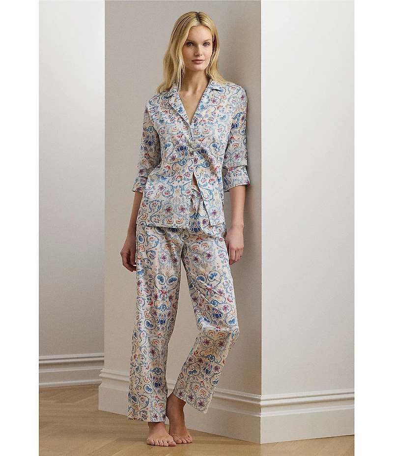 Lauren Ralph Lauren Petite Size Floral Print 3/4 Sleeve Notch Collar Woven Pajama Set
