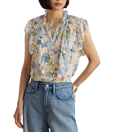 Lauren Ralph Lauren Petite Size Floral Ruffle Trim Georgette Crinkle Button-Front Shirt