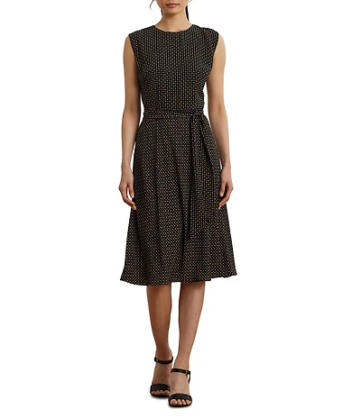 Lauren Ralph Lauren Petite Size Geometric Crepe Crew Neck Cap Sleeves Belted A-Line Dress