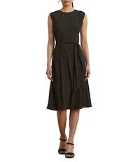 Lauren Ralph Lauren Petite Size Geometric Crepe Crew Neck Cap Sleeves Belted A-Line Dress