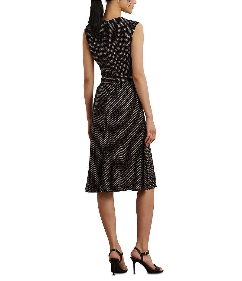 Lauren Ralph Lauren Petite Size Geometric Crepe Crew Neck Cap Sleeves Belted A-Line Dress