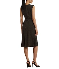 Lauren Ralph Lauren Petite Size Geometric Crepe Crew Neck Cap Sleeves Belted A-Line Dress